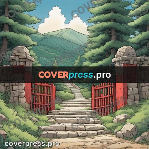 Moebius style illustration: red gates on a stairway