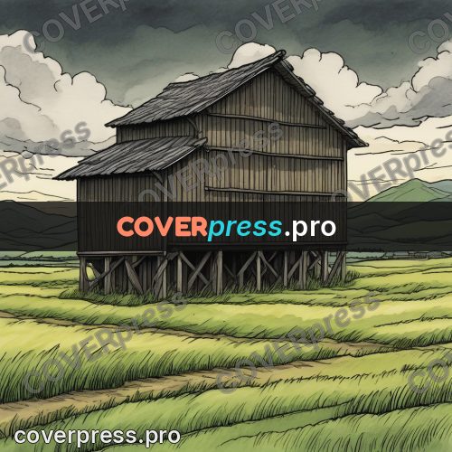 Moebius style illustration: barn on stilts in a field