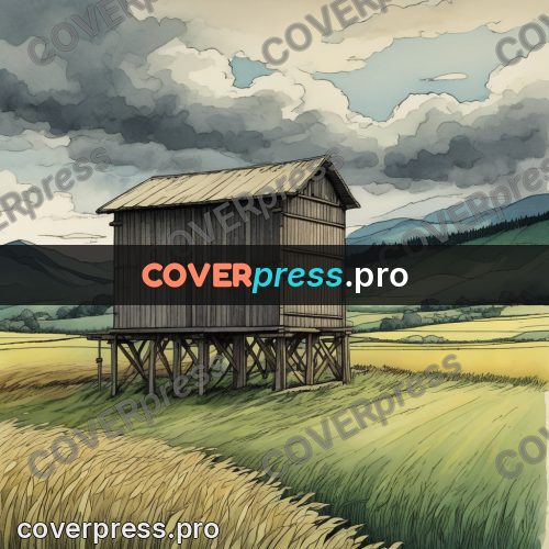 Moebius style illustration: barn on stilts in a field