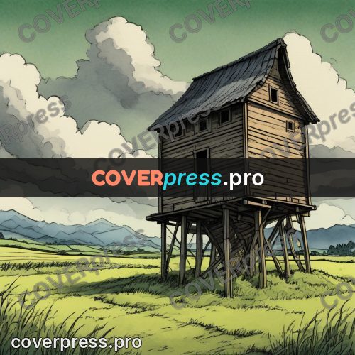 Moebius style illustration: barn on stilts in a field