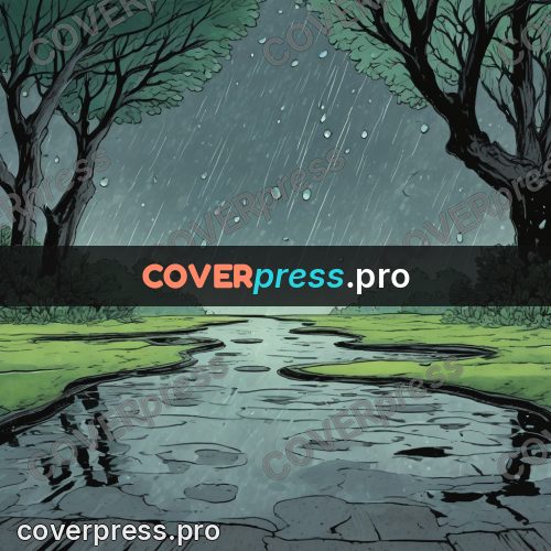 Moebius style illustration: wet road in the rain