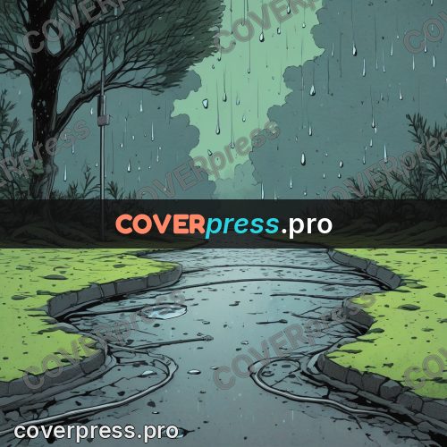 Moebius style illustration: wet road in the rain