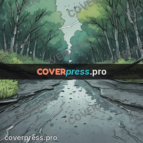 Moebius style illustration: wet road in the rain