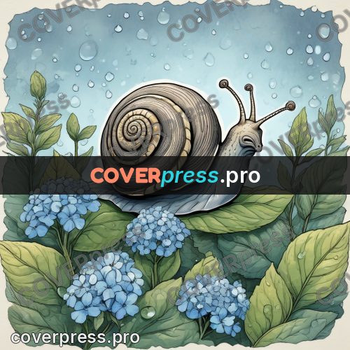 Moebius style illustration: snail on hydrangeas