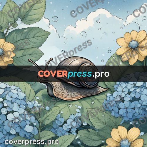 Moebius style illustration: snail on hydrangeas