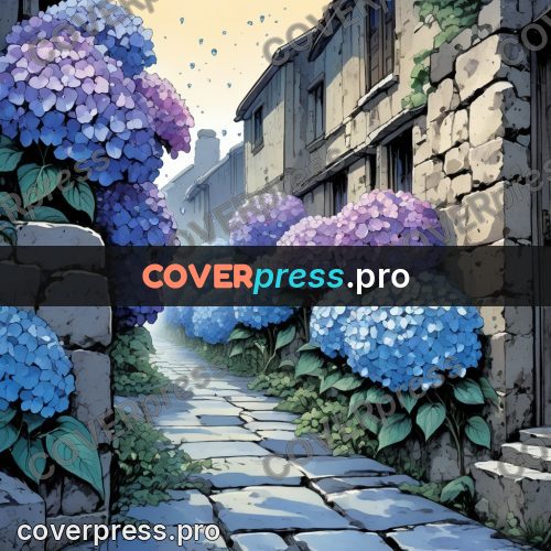Moebius style illustration: hydrangeas along a stone lane