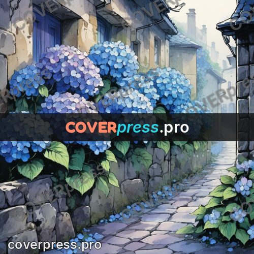 Moebius style illustration: hydrangeas along a stone lane