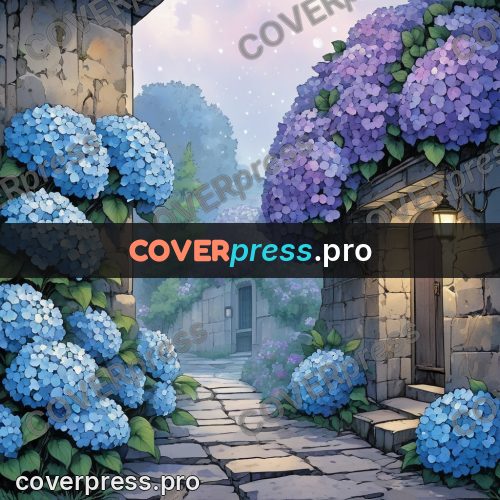 Moebius style illustration: hydrangeas along a stone lane