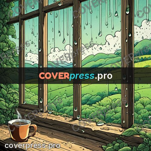 Moebius style illustration: cup on a rainy sill