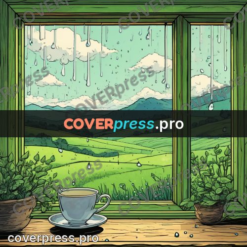 Moebius style illustration: cup on a rainy sill