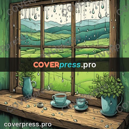 Moebius style illustration: cup on a rainy sill