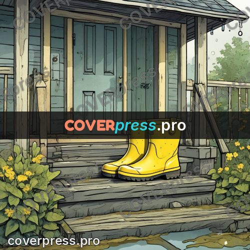 Moebius style illustration: yellow boots on a porch
