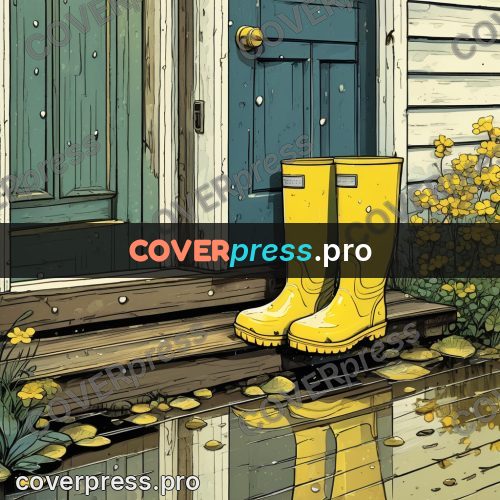 Moebius style illustration: yellow boots on a porch