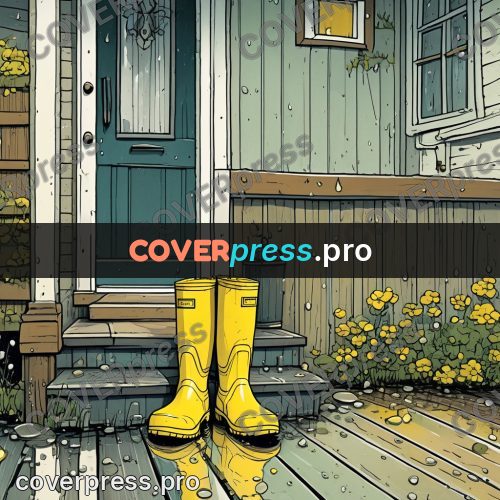Moebius style illustration: yellow boots on a porch