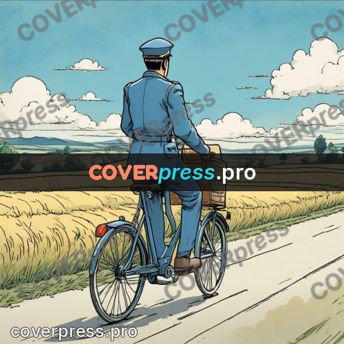 Moebius style illustration: postman cycling through fields