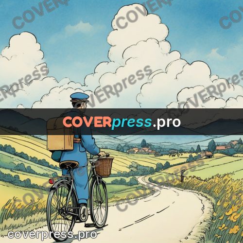 Moebius style illustration: postman cycling through fields