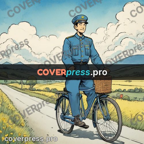 Moebius style illustration: postman cycling through fields