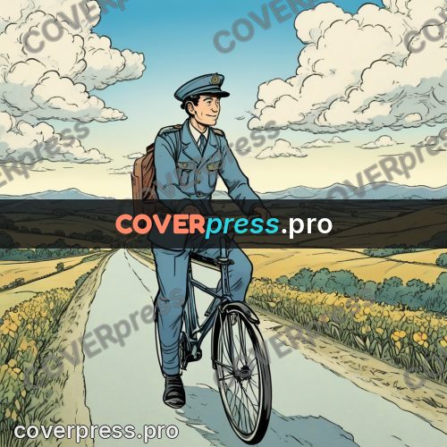 Moebius style illustration: postman cycling through fields