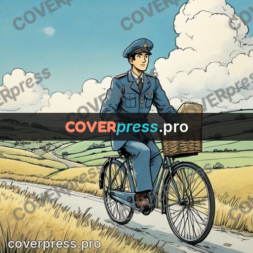 Moebius style illustration: postman cycling through fields