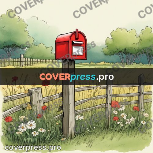Moebius style illustration: red postbox by a fence