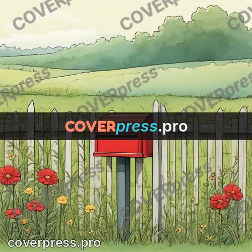 Moebius style illustration: red postbox by a fence