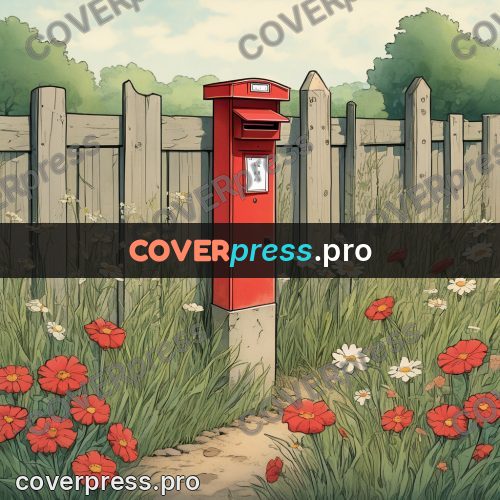 Moebius style illustration: red postbox by a fence
