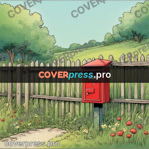 Moebius style illustration: red postbox by a fence
