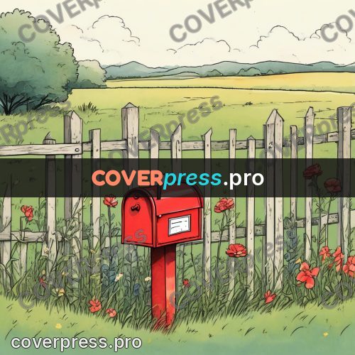 Moebius style illustration: red postbox by a fence