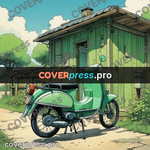 Moebius style illustration: green scooter by a house