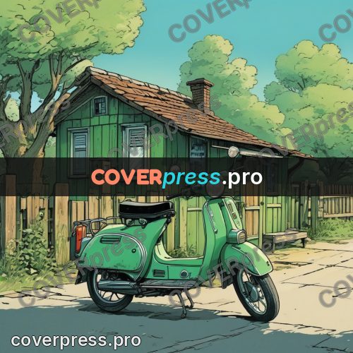 Moebius style illustration: green scooter by a house