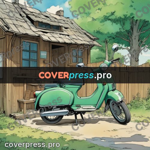 Moebius style illustration: green scooter by a house