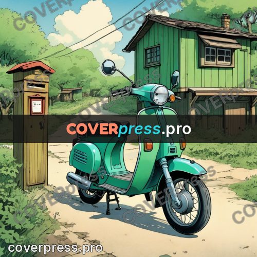 Moebius style illustration: green scooter by a house