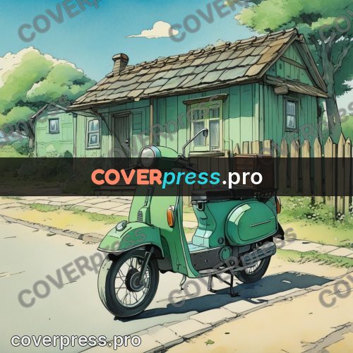 Moebius style illustration: green scooter by a house
