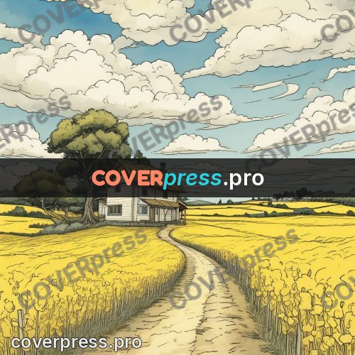Moebius style illustration: yellow field with a track