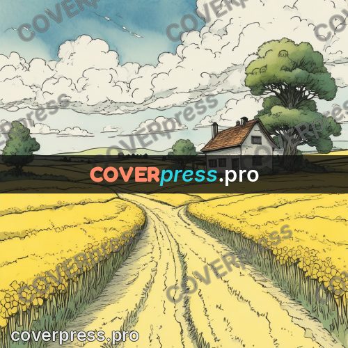 Moebius style illustration: yellow field with a track