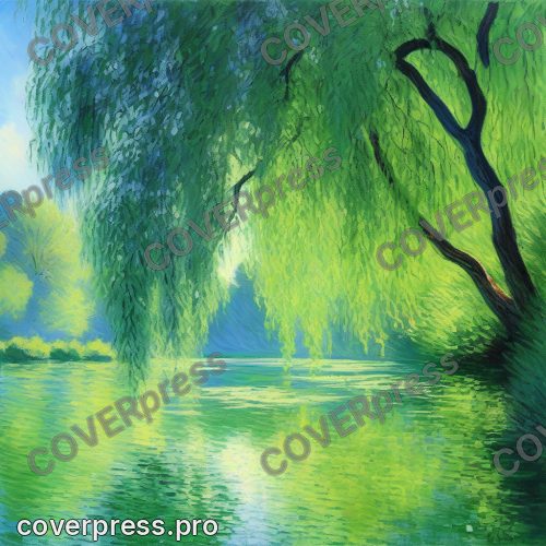 Рисунок в стиле Моне: лодка, цапля и кувшинки