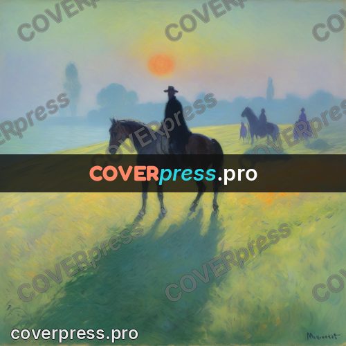 Monet style drawing: rider in a field at dawn