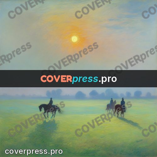 Monet style drawing: rider in a field at dawn