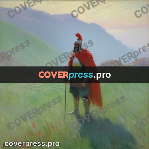 Monet style drawing: warrior in a red cloak