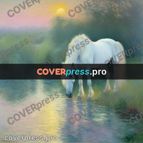 Monet style drawing: white horse drinking from a river
