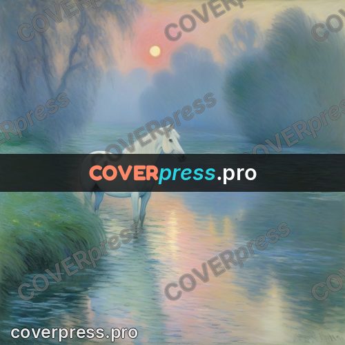 Monet style drawing: white horse drinking from a river
