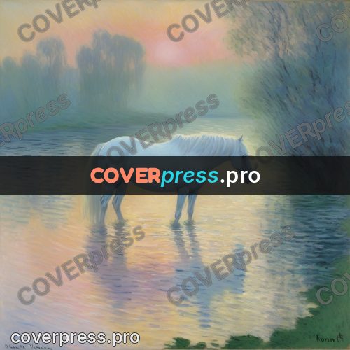 Monet style drawing: white horse drinking from a river