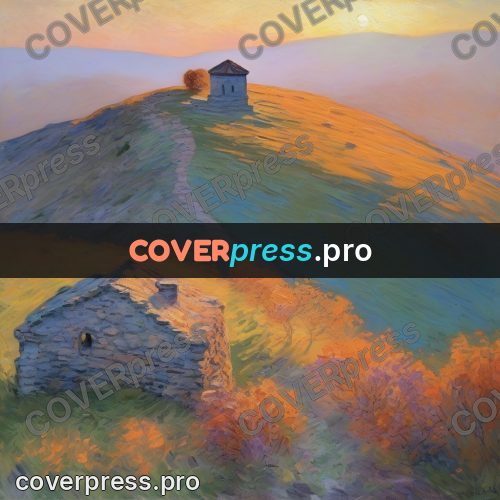 Monet style drawing: tower on a hill at sunset