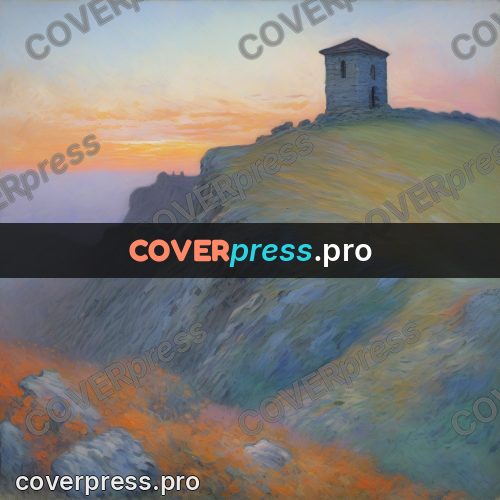 Monet style drawing: tower on a hill at sunset