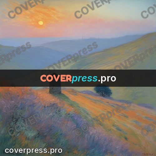 Monet style drawing: tower on a hill at sunset