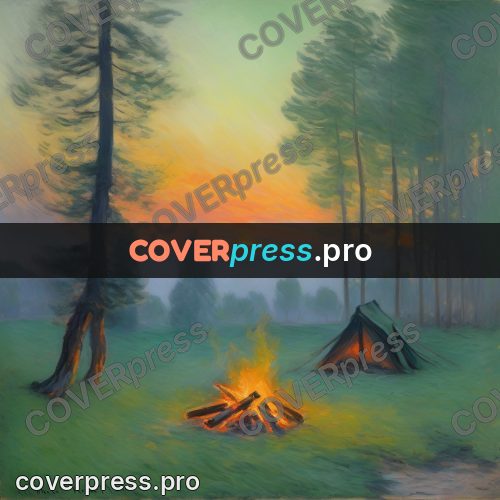 Monet style drawing: campfire by a forest tent