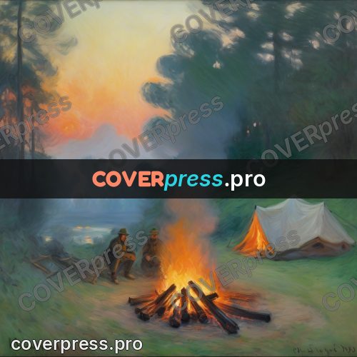 Monet style drawing: campfire by a forest tent
