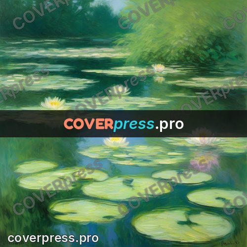 Monet style drawing: water lilies on a pond
