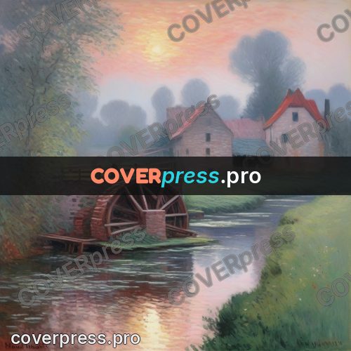 Monet style drawing: mill with a water wheel