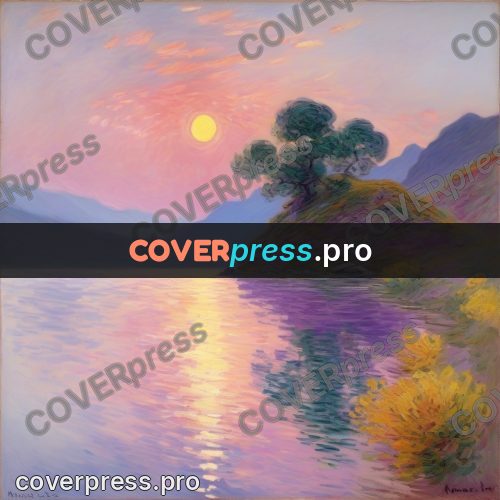 Monet style drawing: lake in a pink sunset